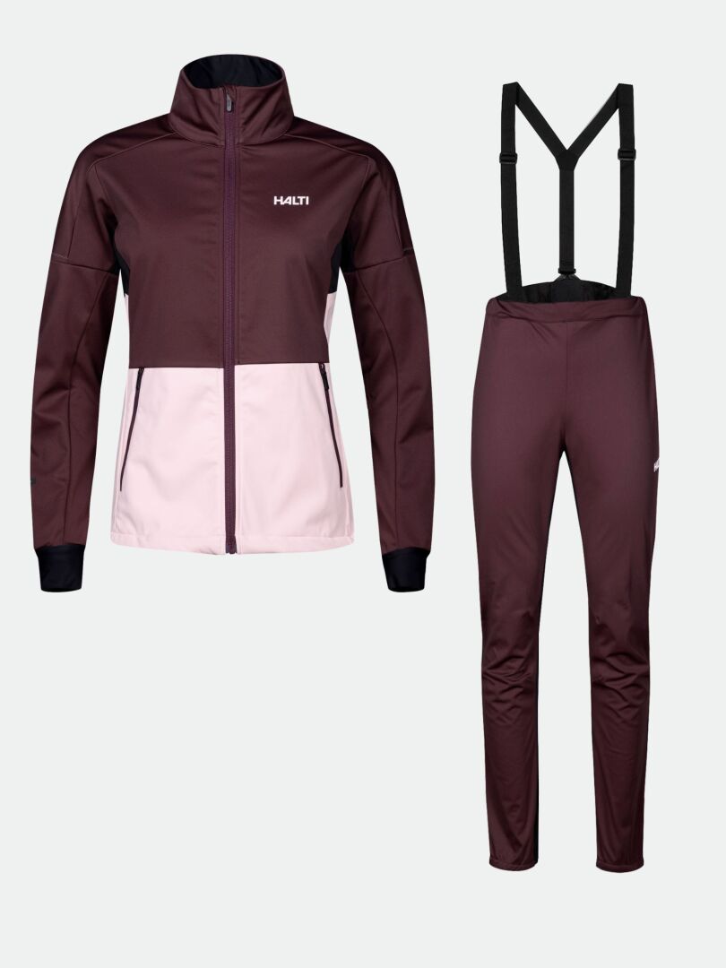 Halti Huuru XC Set Women's: maroon/light pink jacket with matching pants and suspenders, ideal for winter training.
