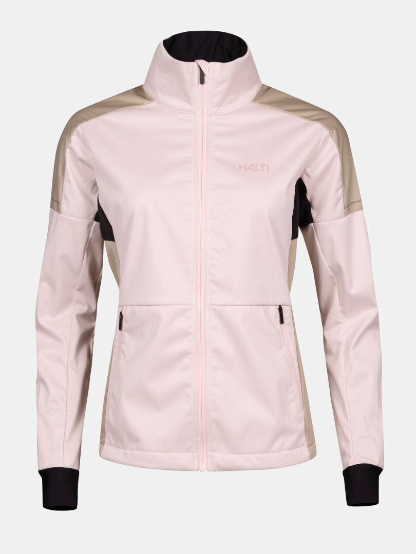 Halti Huuru XC Set Women's: light pink softshell jacket with beige panels, perfect for winter training and XC skiing.