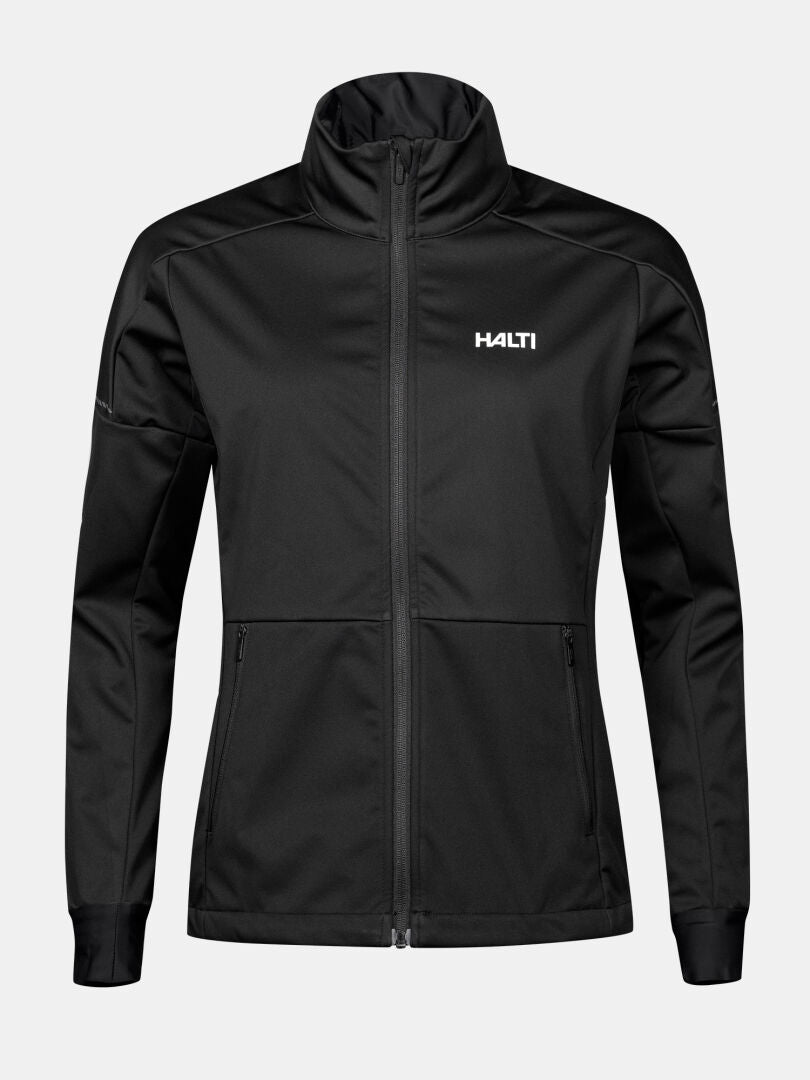 The Halti Huuru XC Set Women's is a black zip-up jacket with long sleeves and two front pockets, perfect for winter.