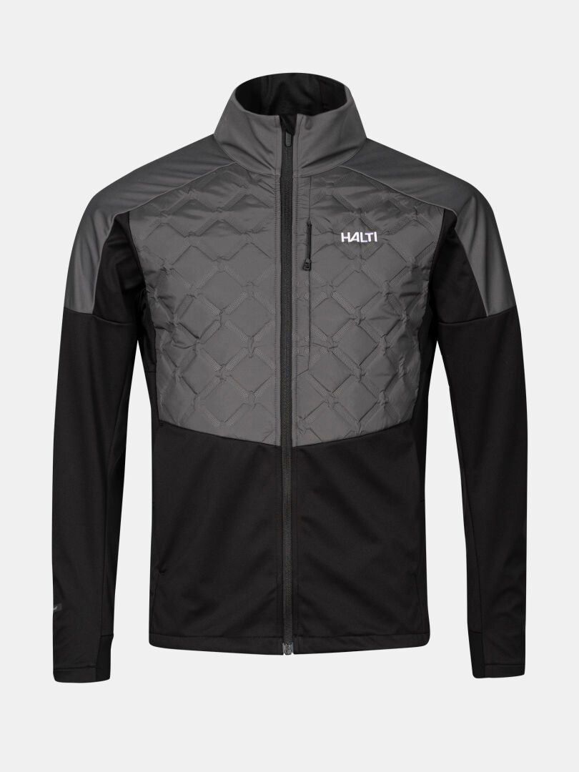 The Halti Framover Hybrid XCT Jacket Men's is a black and gray quilted jacket, perfect for skiing or winter workouts.