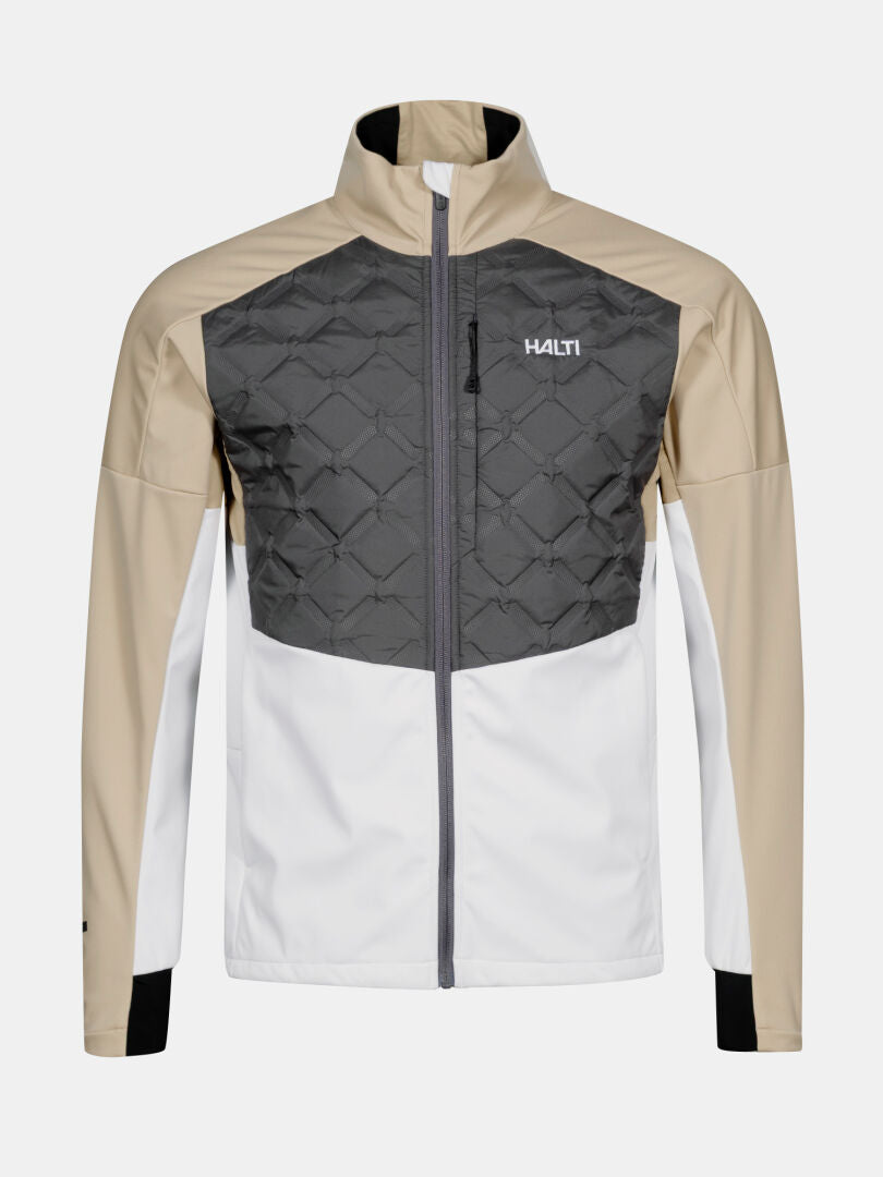 Halti Framover Hybrid XCT Jacket Men's: windproof, insulated; beige sleeves, gray quilted chest, white panels, front zipper.