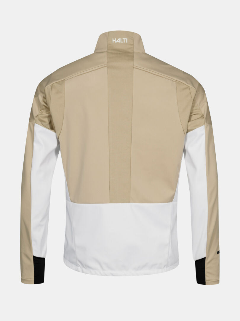 The Framover Hybrid XCT Jacket Men's by Halti is beige/white with black cuffs and logo on collar, perfect for active skiers.