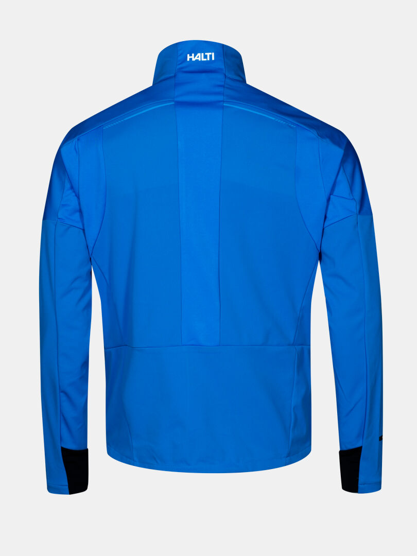 The Halti Framover Hybrid XCT Jacket Men's is bright blue with black cuffs and HALTI logo, perfect for active skiers.