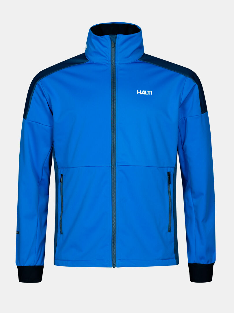 The Halti Huuru XC Set Men's is a blue windproof zip-up jacket with black accents, front pockets, and chest logo.