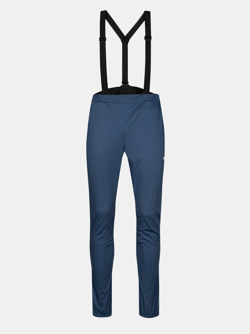 Halti Huuru XC Set Men's, blue pants with black suspenders, perfect windproof softshell activewear, front view.