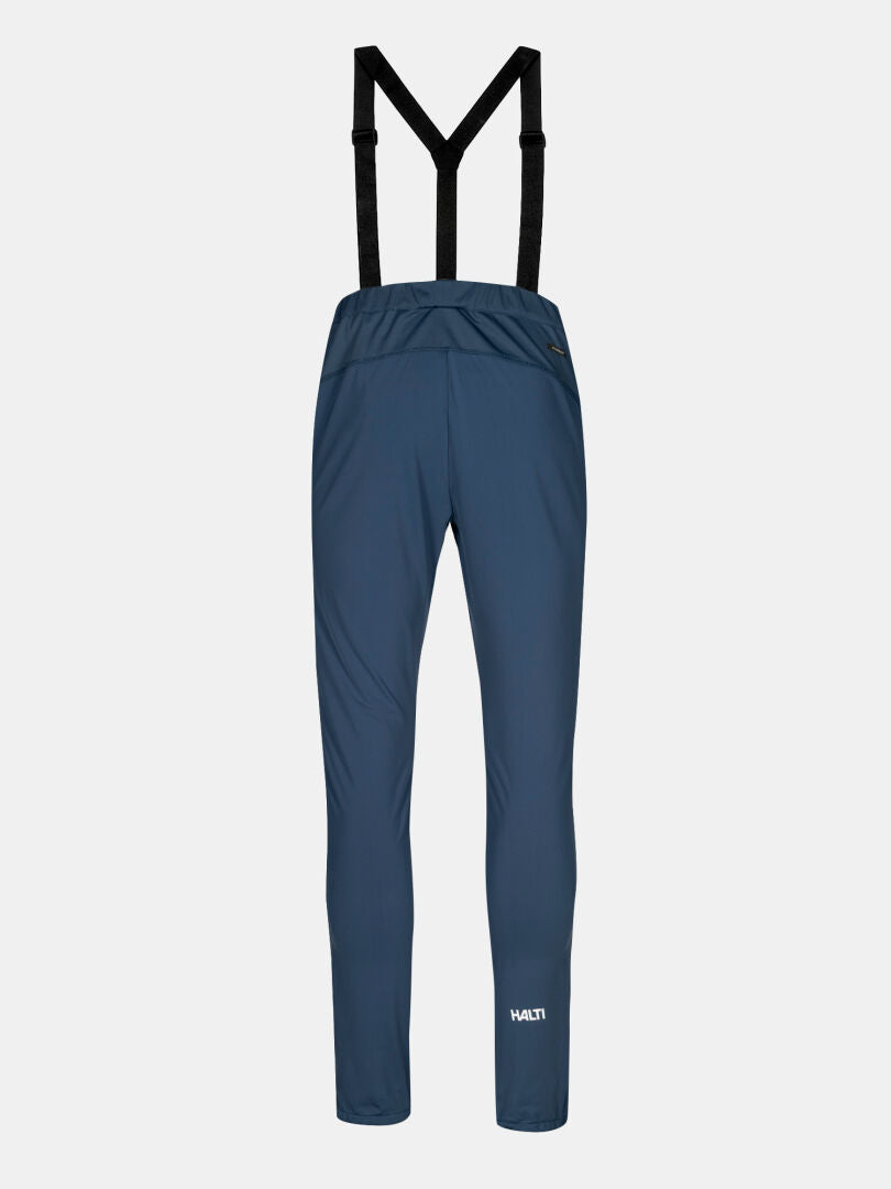 Halti Huuru XC Set Men's: blue pants with black suspenders, straight legs, white logo by left ankle—perfect for winter.