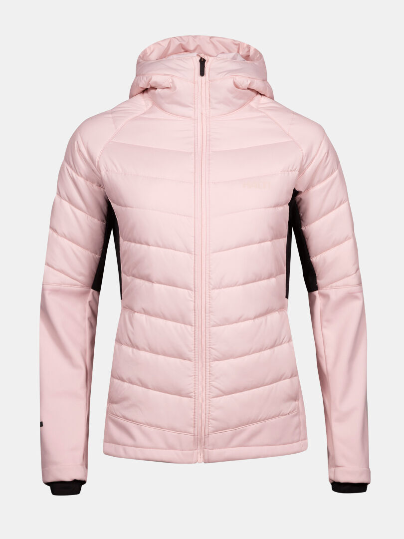 Halti Hanki 2 Hybrid XCT Women's Plus: Light pink quilted jacket with hood, zipper, and black sleeve accents.