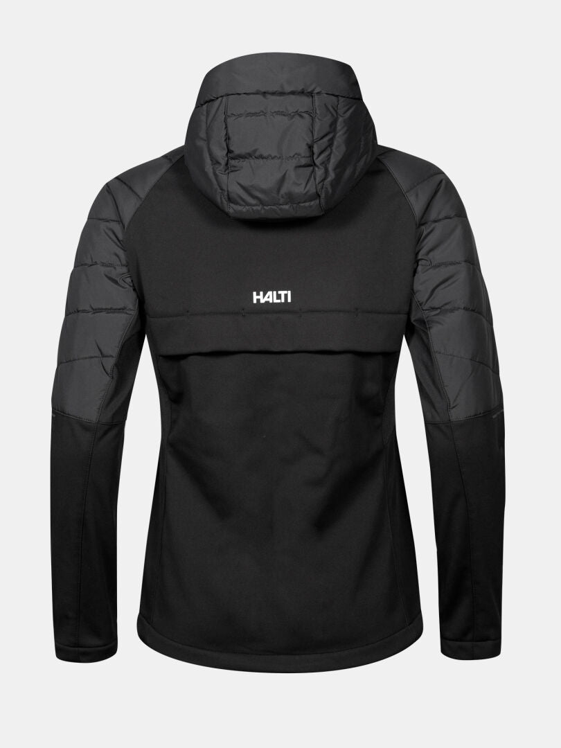 Halti Hanki 2 Hybrid XCT Women's Plus black quilted jacket with hood, wind protection, logo on back, plain background.