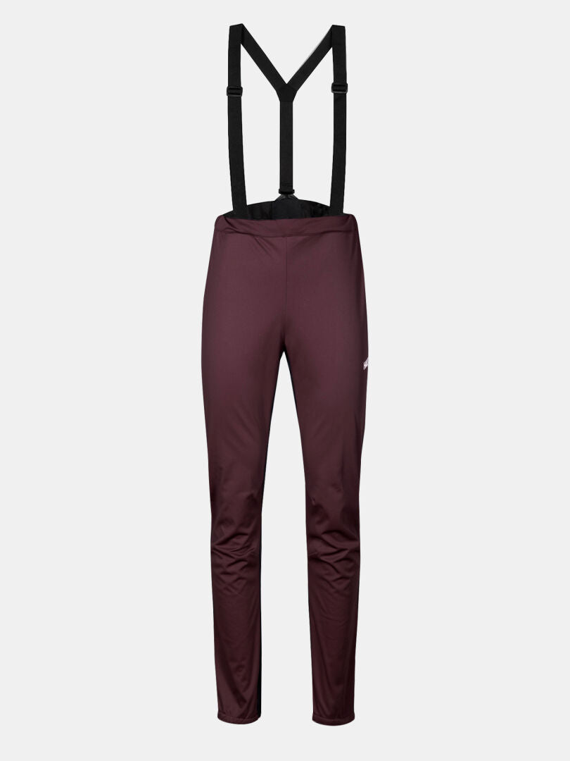 Halti Huuru XC Set Women's Plus: maroon athletic pants with black suspenders, ideal for winter training.