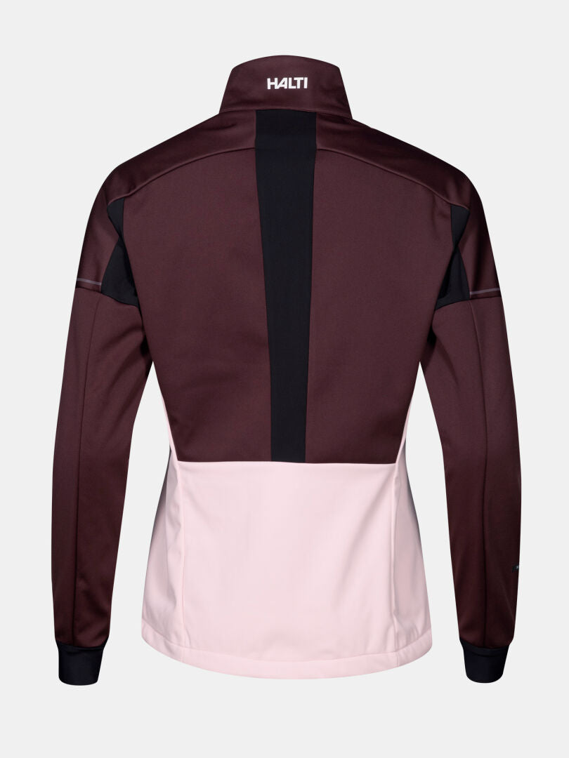 Back view of Halti Huuru XC Set Women's Plus softshell jacket for winter training in maroon, black, and pink blocks.