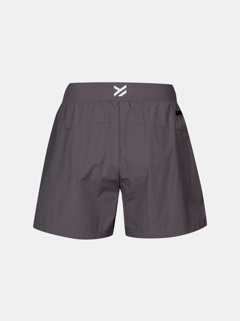 Halti Uurto Shorts Women's in gray, shown from the back with an elastic waistband and small center white logo.
