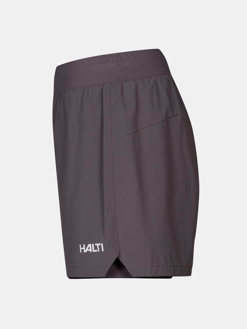 Halti Uurto Shorts Women's: gray, moisture-wicking, elastic waistband, side seam detail, logo on lower left leg.