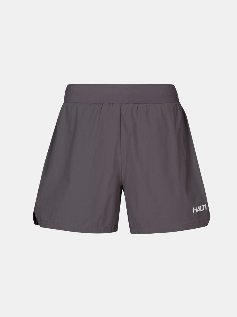 Front view of Halti Uurto Shorts Women's in gray, featuring an elastic waistband and a small logo on the lower left leg.