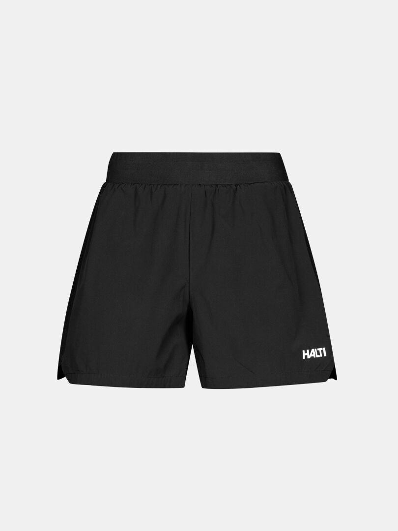 Halti Uurto Shorts Women's: Black moisture-wicking shorts with elastic waistband and white Halti logo on left leg.