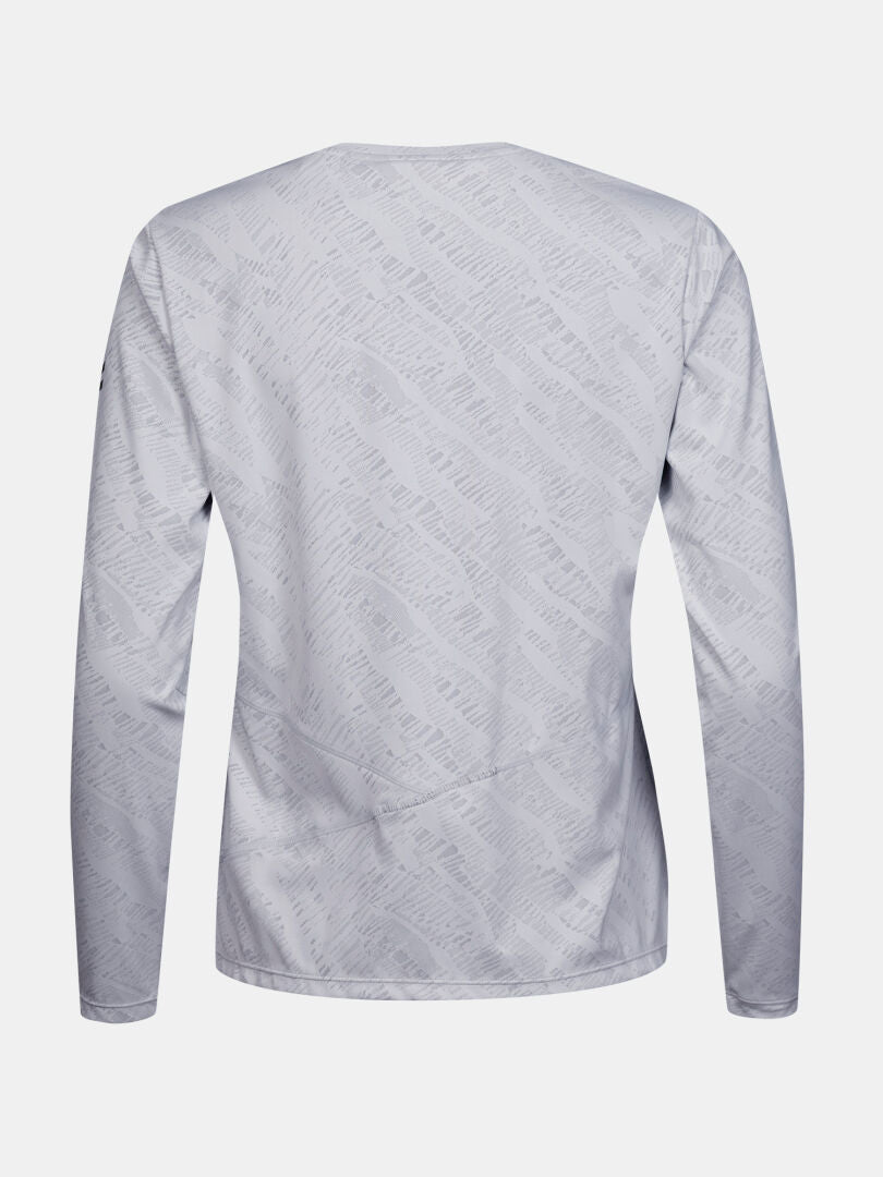 Back view of Halti Oulanka Training Shirt Women's in light gray with diagonal patterns on a white background.