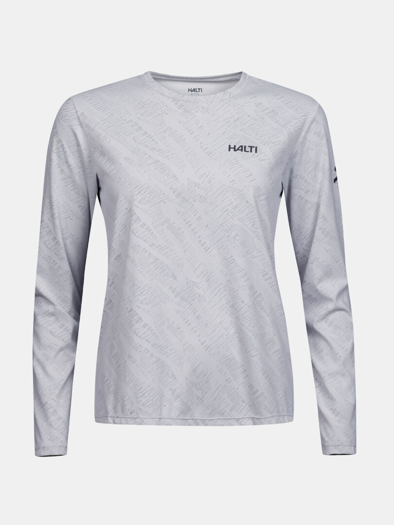Halti Oulanka Training Shirt Women's, grey long-sleeve with subtle diagonal pattern and logo shown on white background.