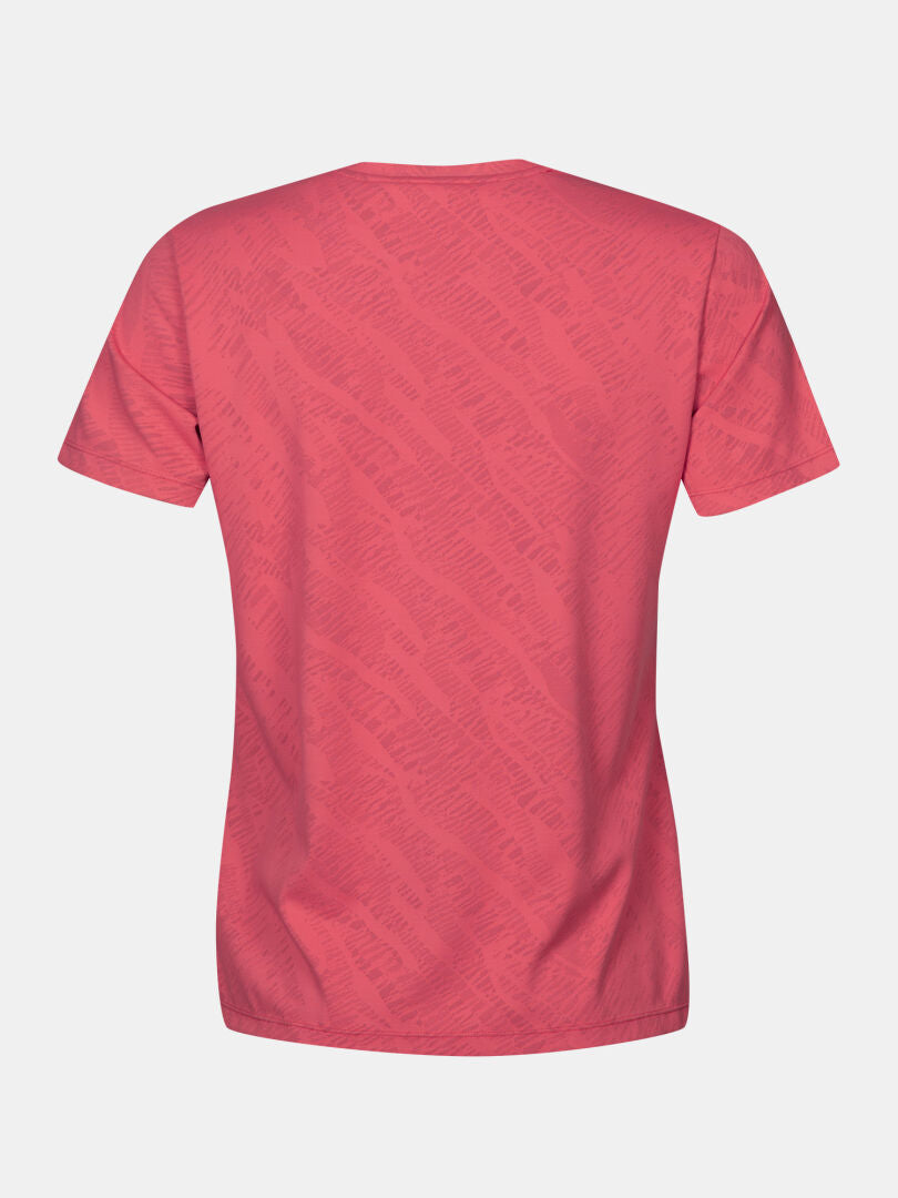 The Halti Oulanka T-shirt Women's is a coral pink short-sleeve top with UPF 50+ and a subtle textured pattern.