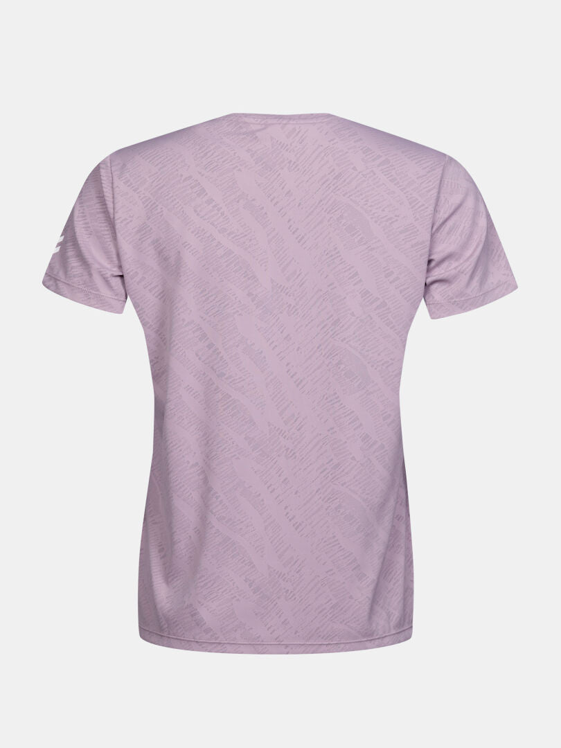 The Halti Oulanka T-shirt Women's in lavender features short sleeves, a subtle pattern, and a breathable design—back view.