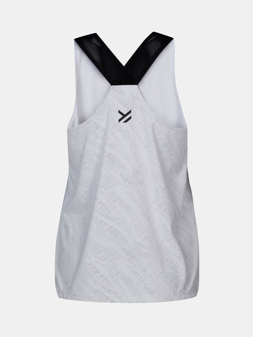 Back view of Halti Oulanka Training Top Women's with black crisscross straps and active dry fabric for cool workouts.