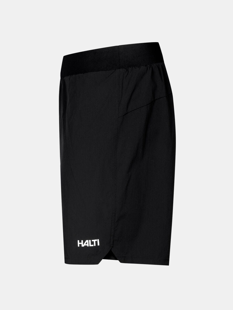 Halti Uurto Shorts Men's—black running shorts with logo, black waistband, and moisture-wicking for outdoor training.