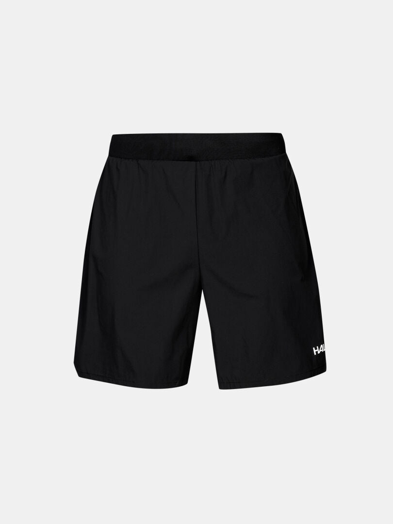 Halti Uurto Shorts Men's: Black, moisture-wicking shorts with elastic waistband and small white logo on left leg.