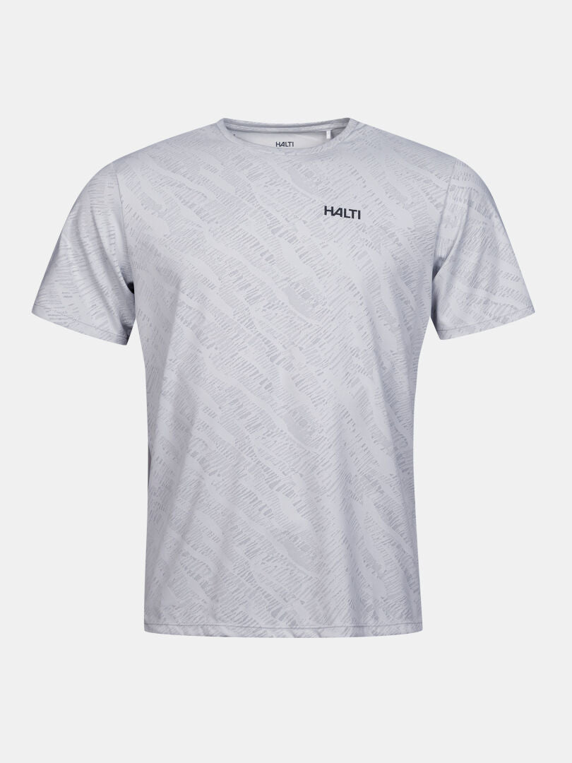 Halti Oulanka T-shirt Men's in light grey, subtle pattern, chest logo, and UPF 50+ sun protection.