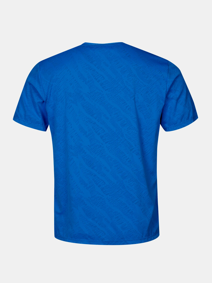 The Halti Oulanka T-shirt Men's is blue with a subtle diagonal pattern, UPF 50+ sun protection, shown from the back.