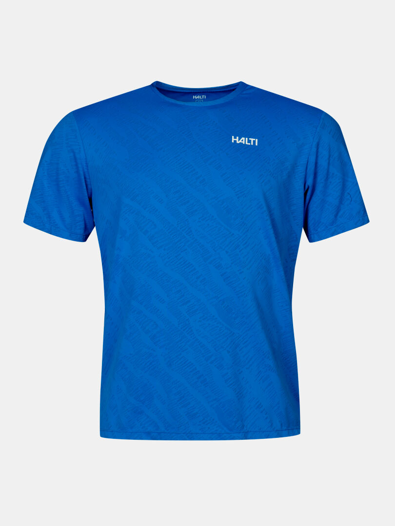 Halti Oulanka T-shirt Men's—blue, short-sleeve, breathable, logo on chest; shown on white background.