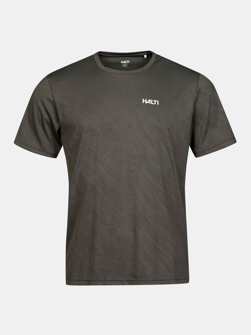Halti Oulanka T-shirt Men's in dark gray with UPF 50+, subtle pattern, and chest logo print.