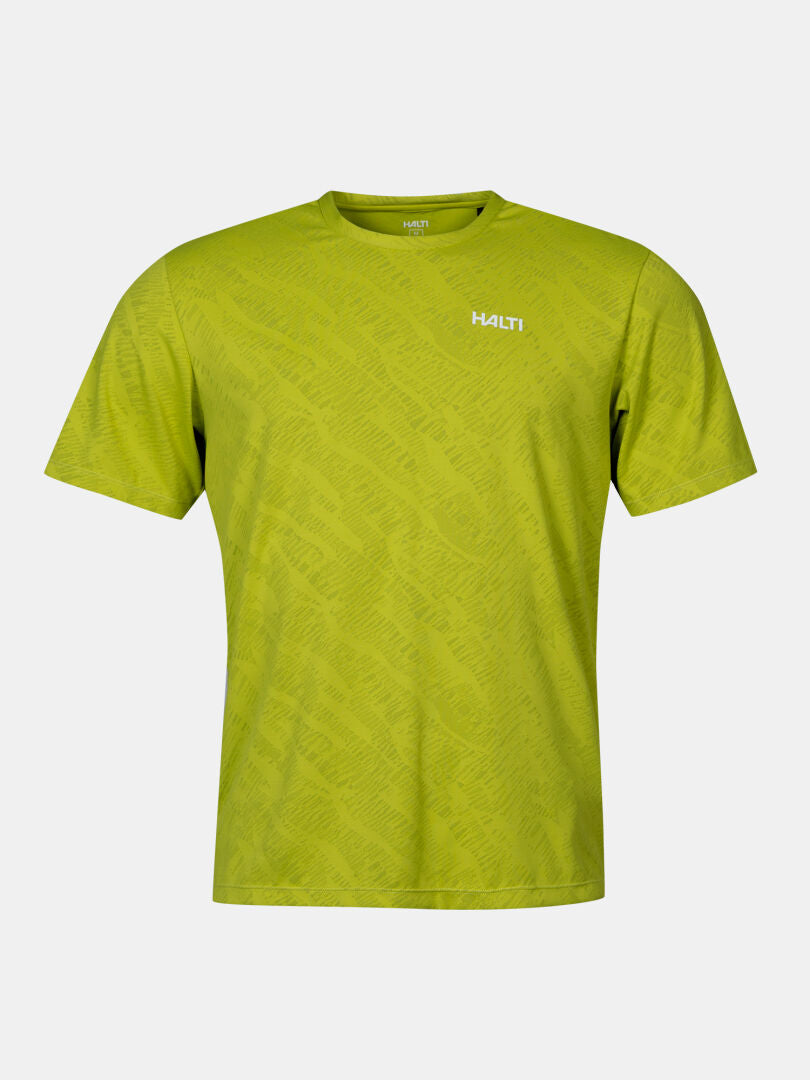 The Oulanka T-shirt Men's by Halti is lime green, breathable, subtly patterned, with a small white chest logo.
