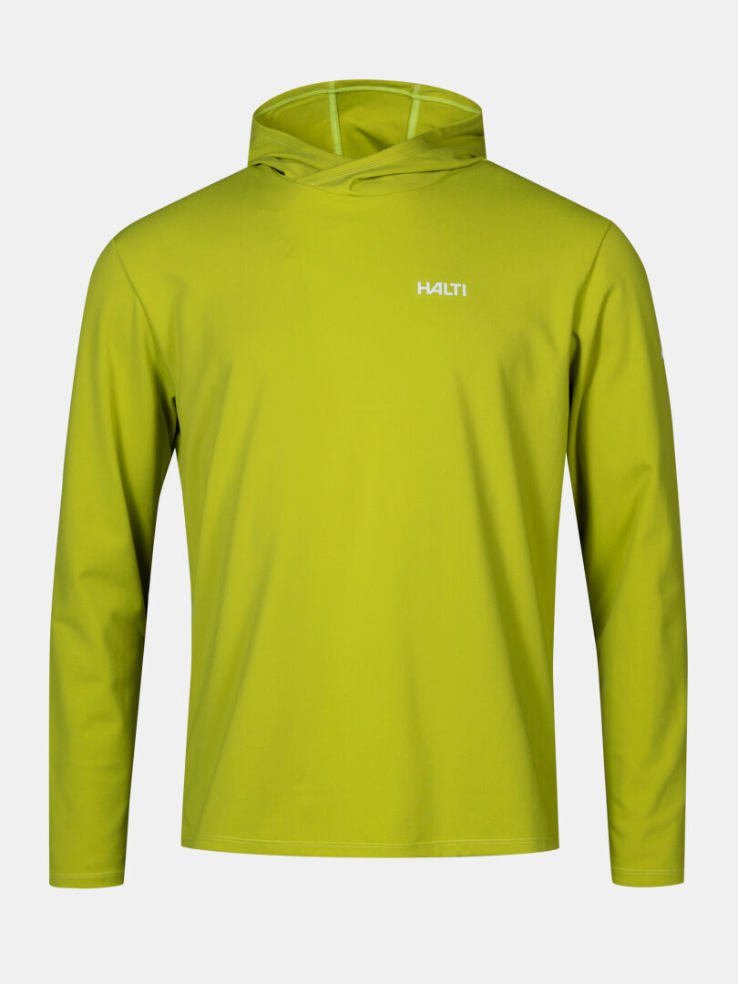 The Halti Kaltio Training Hoodie Men's in lime green features moisture-wicking fabric and a chest logo on white background.