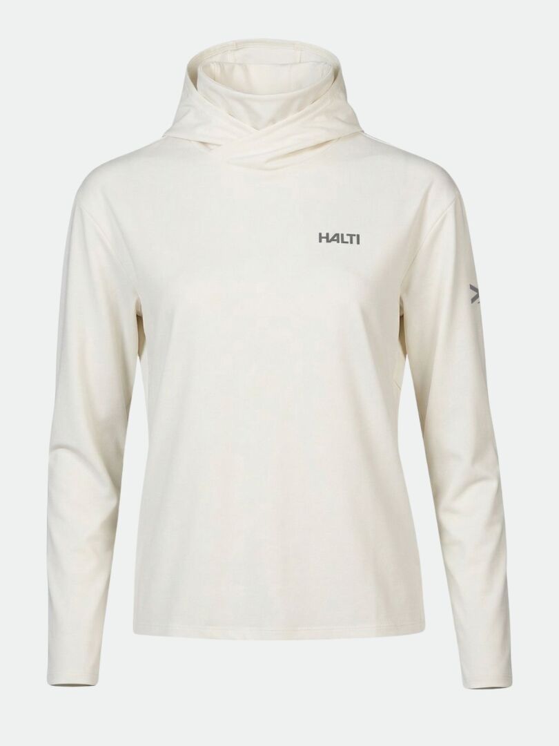 Halti Kaltio Women’s long-sleeve off-white training hoodie with chest and left sleeve logos.