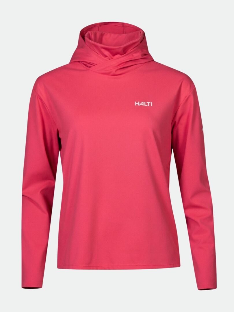 The Halti Kaltio Training Hoodie Women's in bright pink features long sleeves and a hood, shown on a white background.