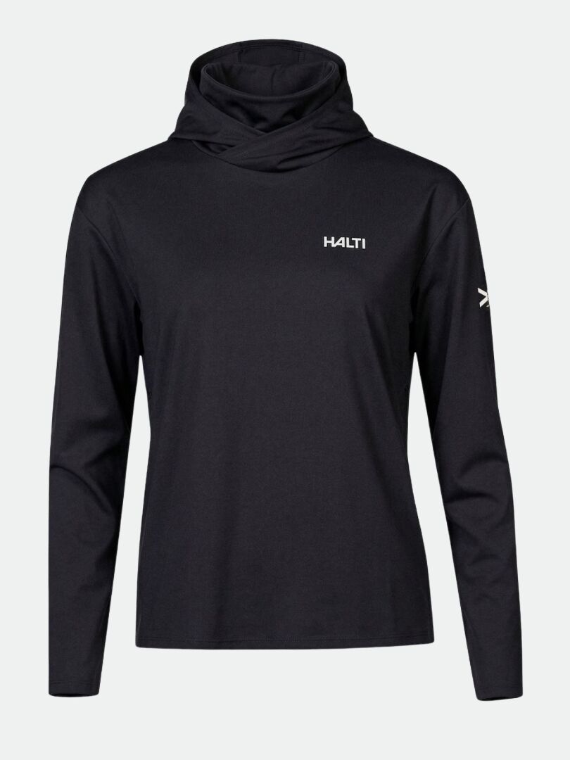 Halti Kaltio Training Hoodie Women's: black, moisture-wicking with logo on chest and small logo on left sleeve.