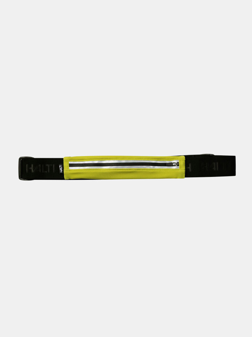 The Halti Running Belt by Halti is a yellow zippered pouch with a black adjustable strap for safe, reflective runs.