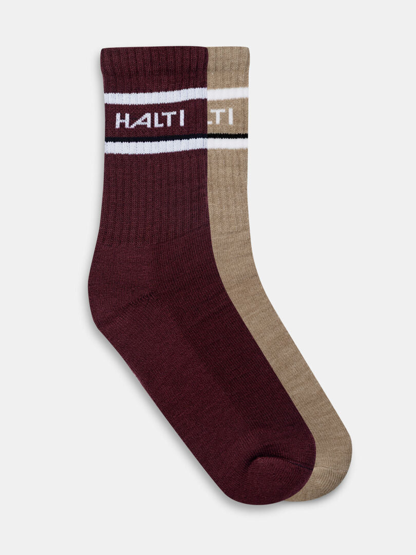 Halti Merino Wool Socks 2-pack: maroon and beige crew socks with white stripes; moisture-wicking design.