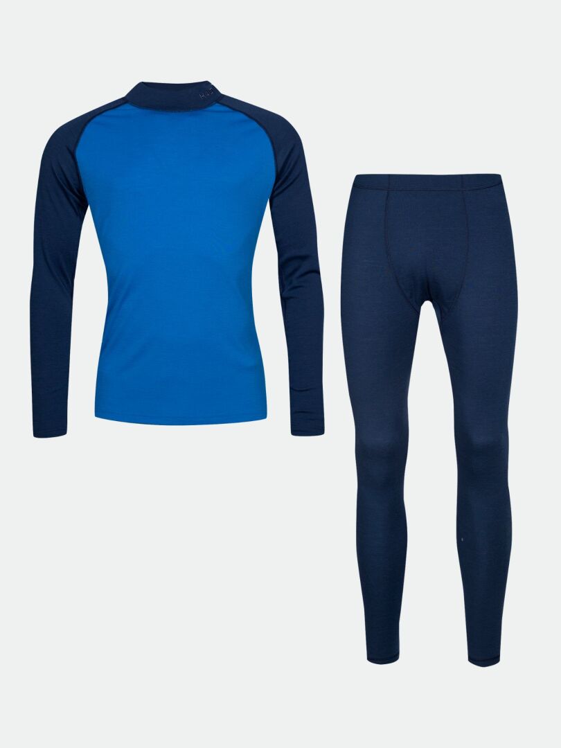 Halti Neva Merino Base Layer Set Men's: blue & navy long-sleeve top and leggings on a plain light background.