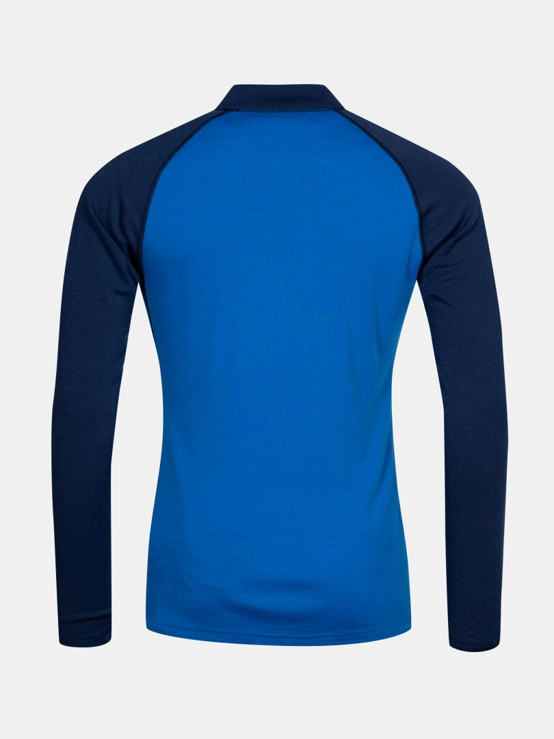 The Halti Neva Merino Base Layer Set Men's long-sleeve shirt in blue/navy, back view on white.