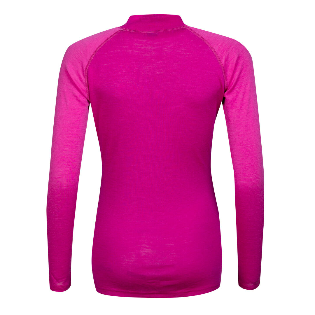 Back view of Halti Neva Merino Base Layer Set Women's in bright pink with crew neckline and raglan sleeves.