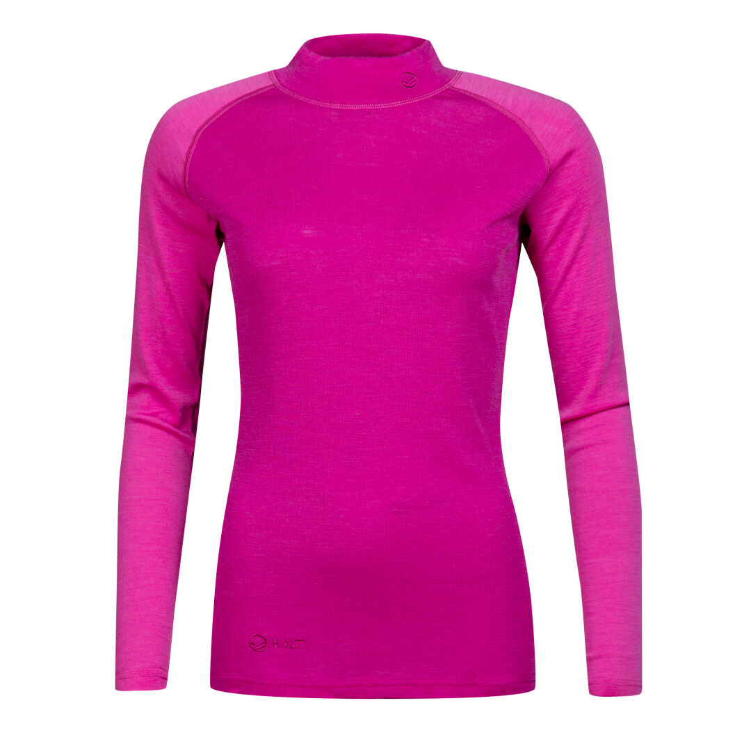 The Halti Neva Merino Base Layer Set Women's is a bright pink, long-sleeve, breathable outdoor top with high collar.