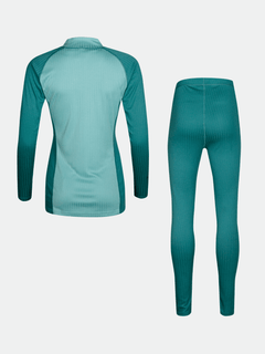 Back view of Halti Dual Base Layer Set Womens in teal, ideal for outdoor adventures, shown on a light background.