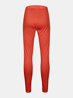 Back view of Halti Dual Base Layer Set Womens, high-waisted ribbed orange leggings in recycled polyester on white background.