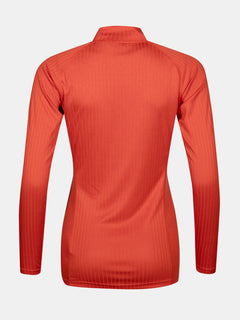 Back view of Halti Dual Base Layer Set Womens, long-sleeve orange design with high collar and subtle vertical ribbing.
