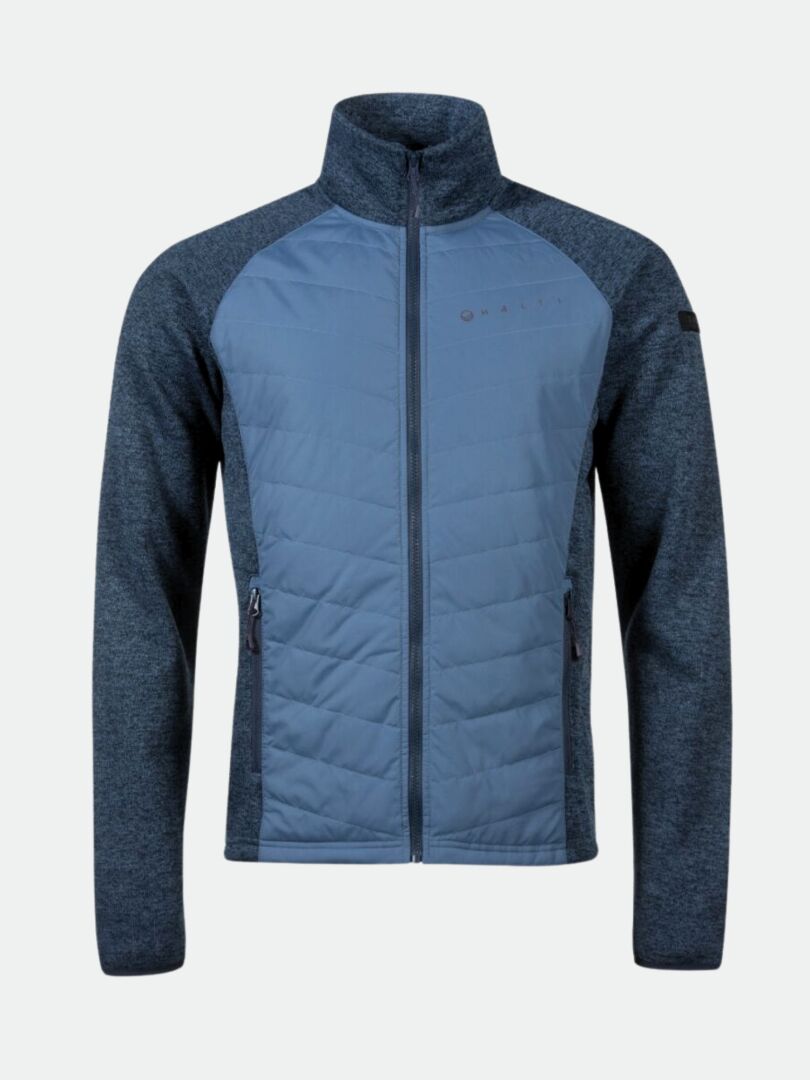 Halti Streams Hybrid Layer Jacket Mens in blue/dark gray with quilted front, side pockets, and high collar.