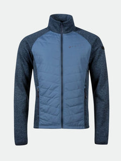 Halti Streams Hybrid Layer Jacket Mens in blue/dark gray with quilted front, side pockets, and high collar.