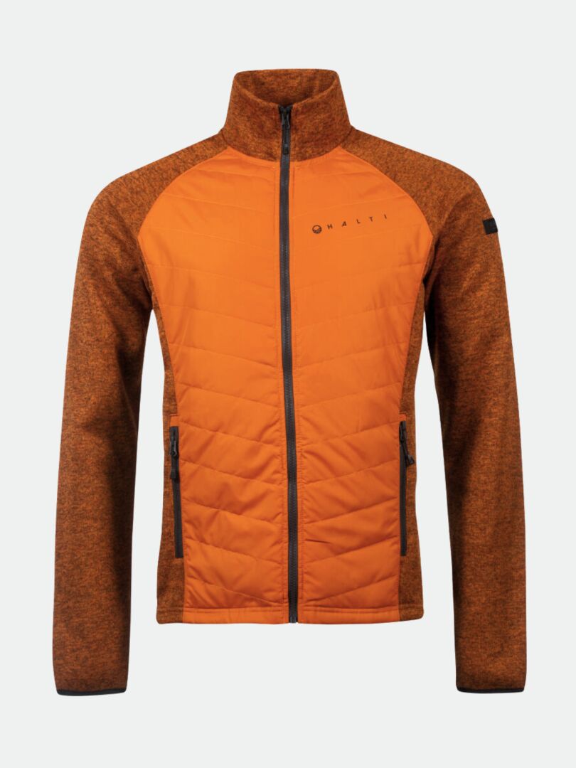Front view of Halti Streams Hybrid Layer Jacket Mens in orange/brown with two zip pockets and a chest logo.