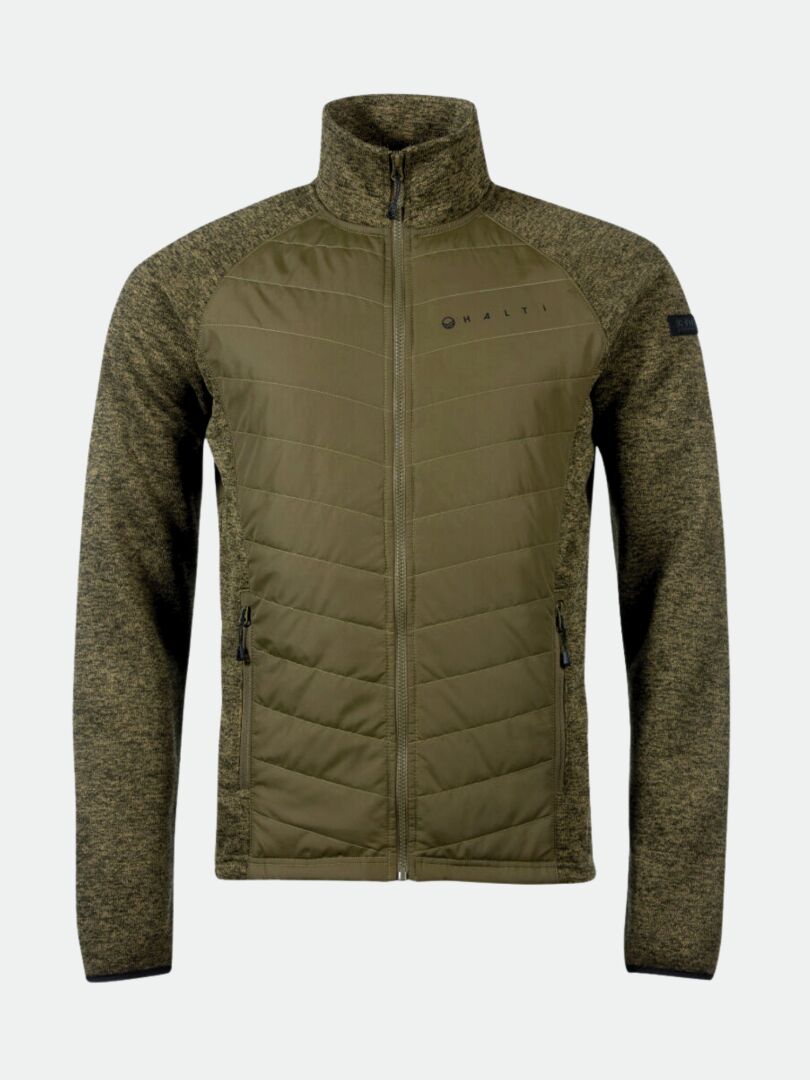 Halti Streams Hybrid Layer mens jacket in green with quilted panels, knit sleeves, zip pockets, and chest logo.