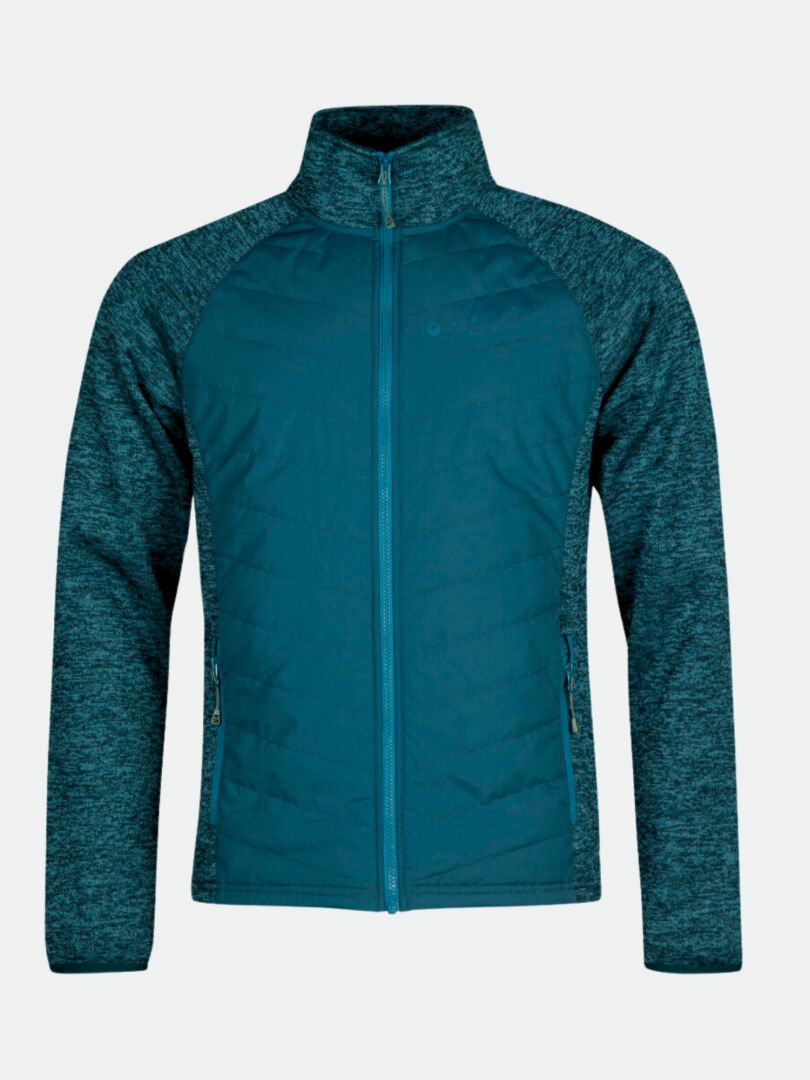 Halti Streams Hybrid Layer Jacket Mens: teal mid layer with heathered sleeves, high collar, and zippered side pockets.