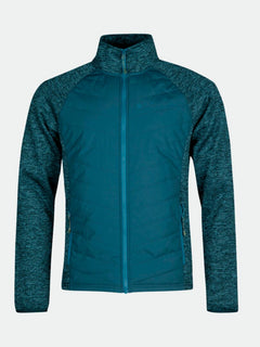 Halti Streams Hybrid Layer Jacket Mens: teal mid layer with heathered sleeves, high collar, and zippered side pockets.