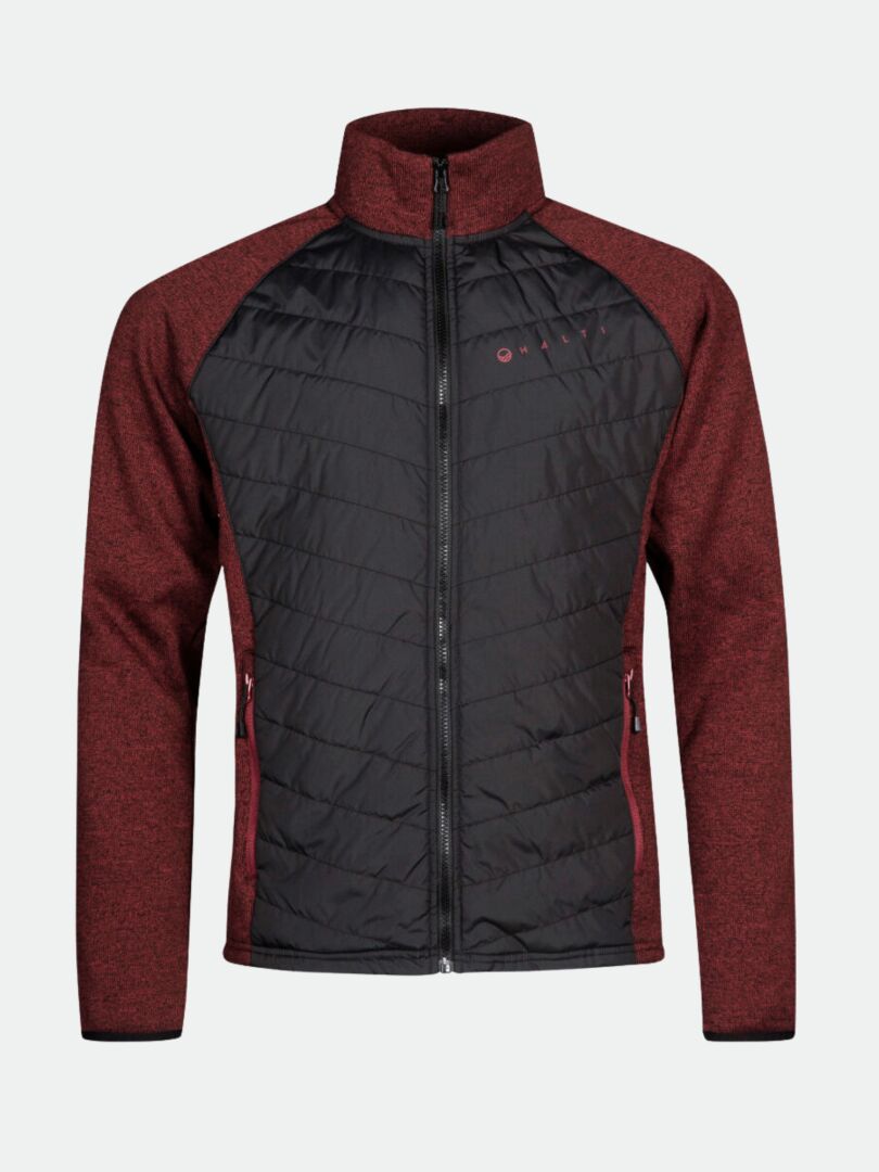 Halti Streams Hybrid Layer Jacket Mens in black/dark red with zip-up front, pockets, and quilted chest.